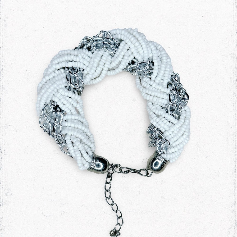 237u. Seed Bead Glass White and Silver Beaded Bracelet